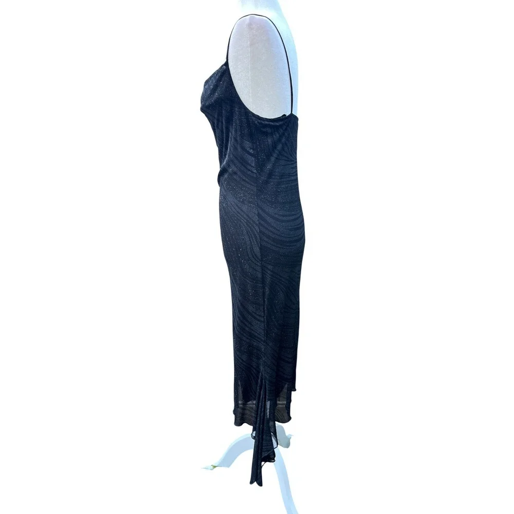VTG FOREVER 21 Black Sparkle Cowl Neck Midi Dress Assymetric Hem S‎ Goth Y2K